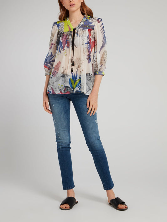 Floral Printed Drawstring Blouse