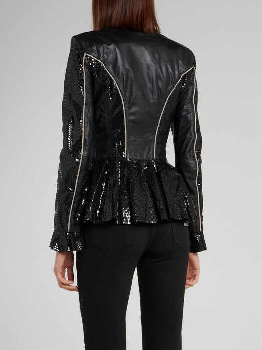 Snake Effect Peplum Leather Jacket