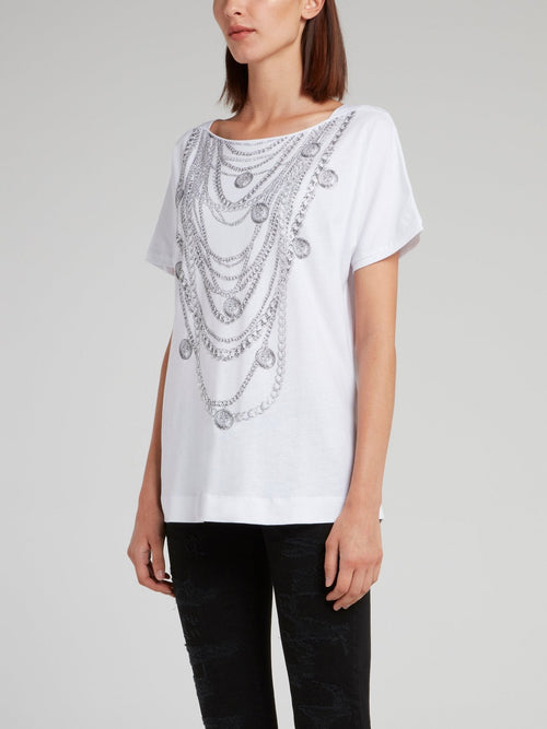 White Studded Chain Print T-Shirt