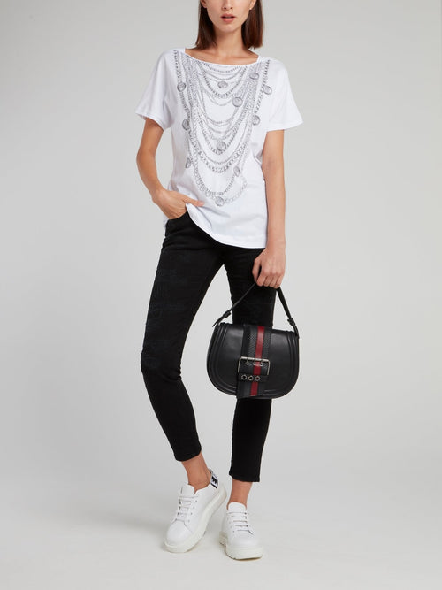 White Studded Chain Print T-Shirt