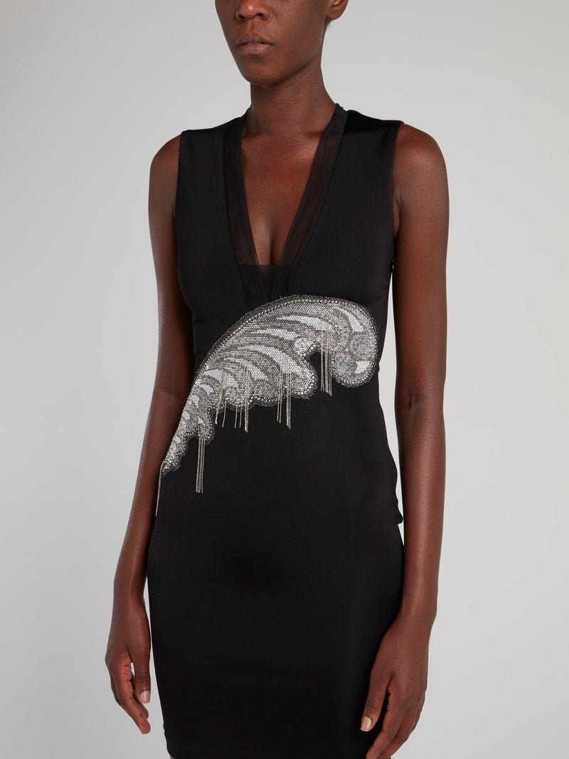 Black Feather Detail Plunge Dress