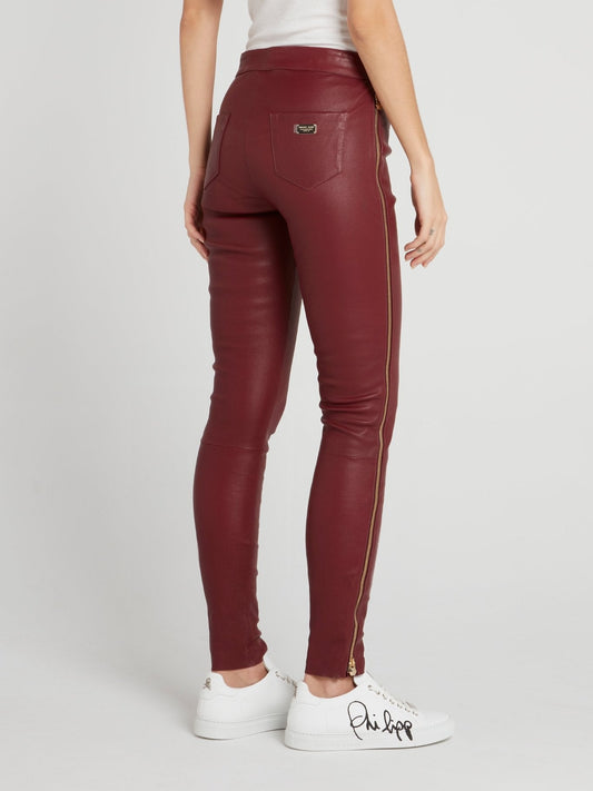 Burgundy Leather Slim Trousers