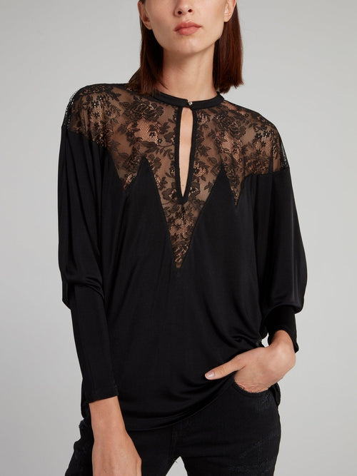 Black Lace Panel Keyhole Top