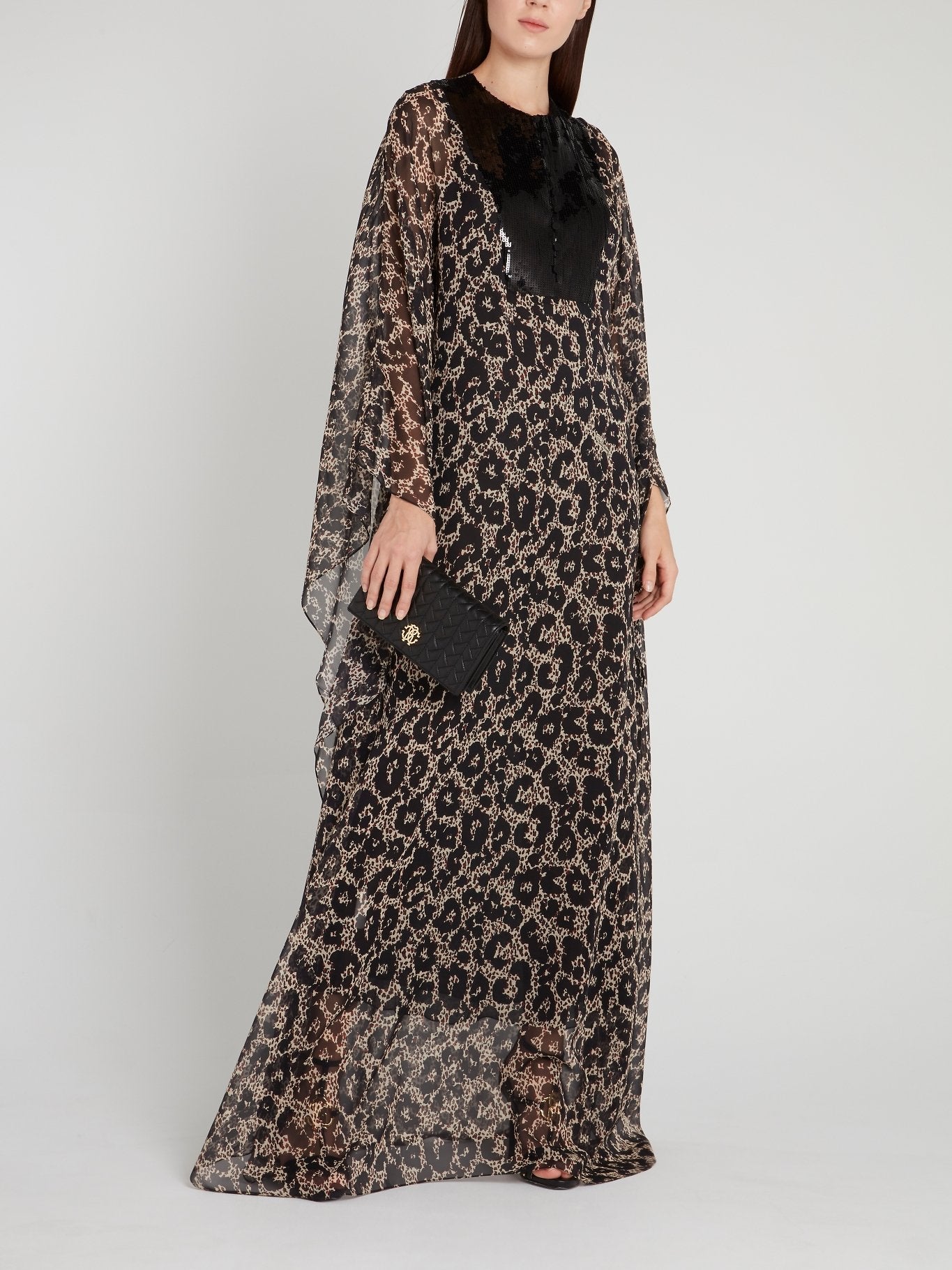 Black Sequin Neckline Leopard Maxi Dress