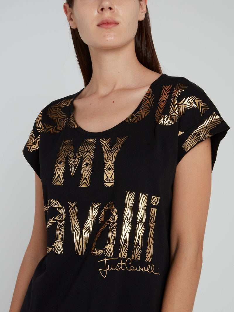 Gold Print Logo High Low Shirt