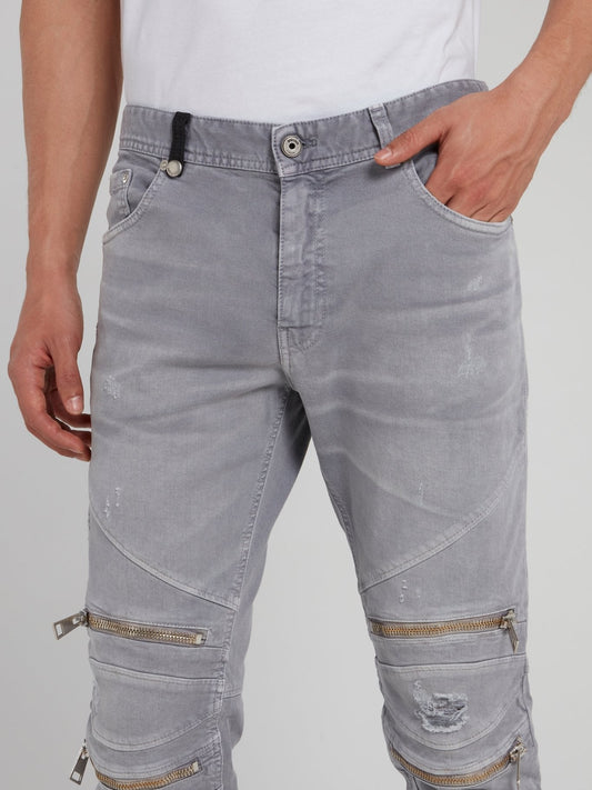 Grey Zipper Embellished Distressed Pants