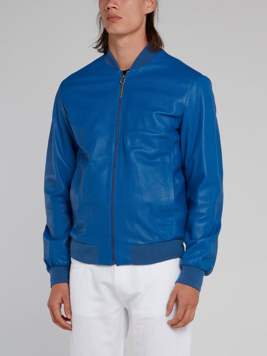 Blue Perforated Bomber Jacket