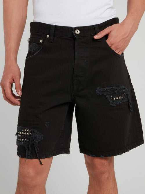 Black Embellished Distressed Shorts