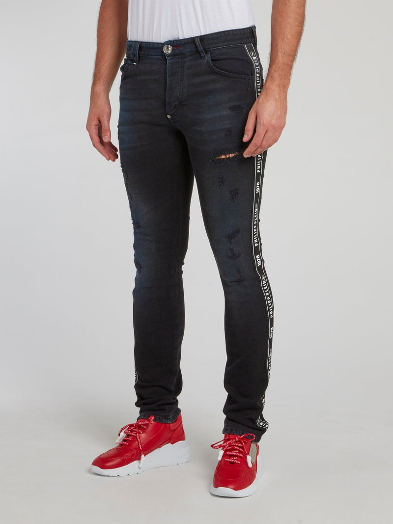 Black Logo Tape Distressed Jeans