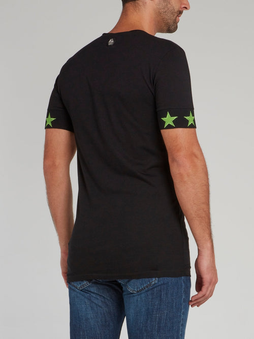 Black with Green Stars Skull T-Shirt