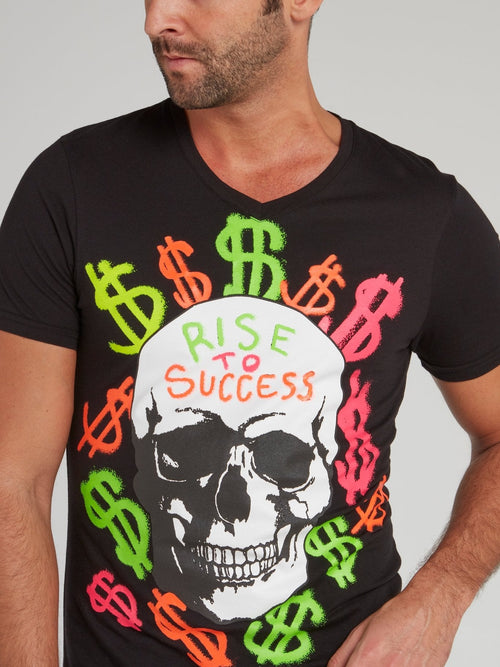 Black Statement Skull V-Neck T-Shirt