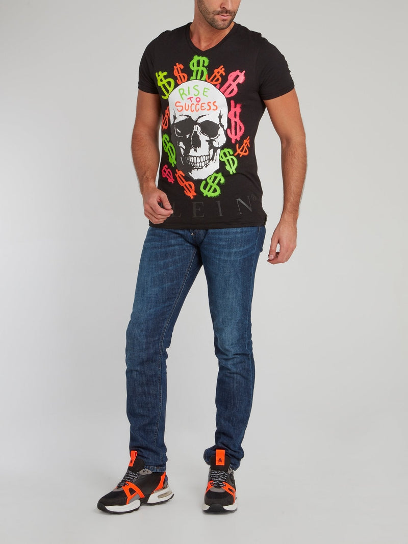 Black Statement Skull V-Neck T-Shirt