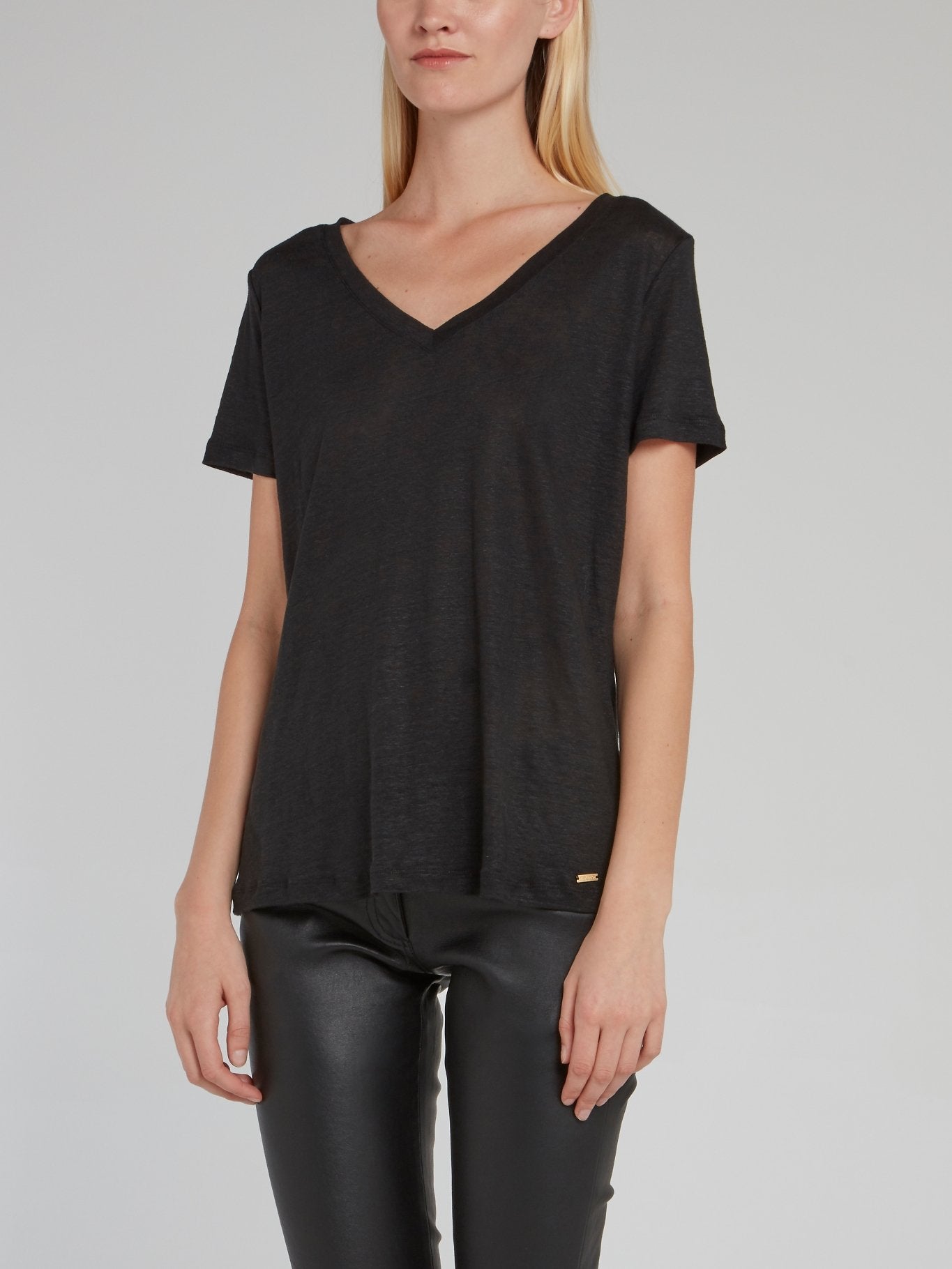 Black V-Neck Linen T-Shirt