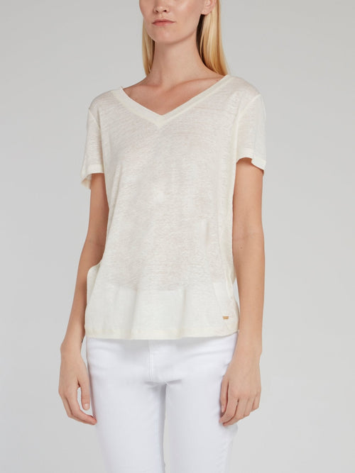 White V-Neck Linen T-Shirt