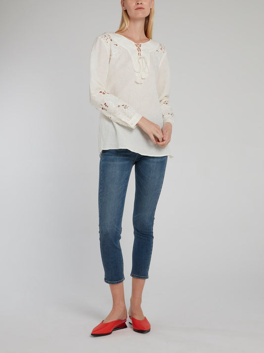 White Embroidered Linen Shirt