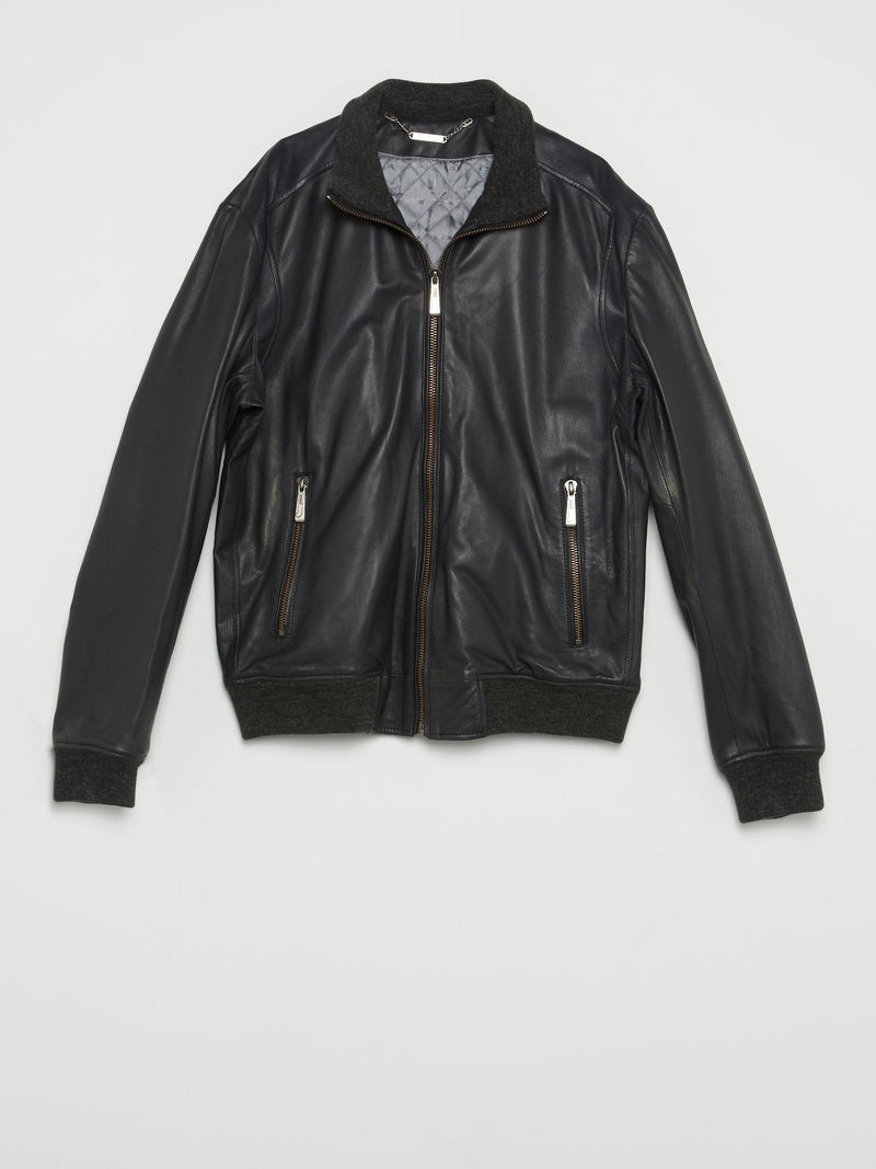 Black Ribbed Edge Leather Jacket