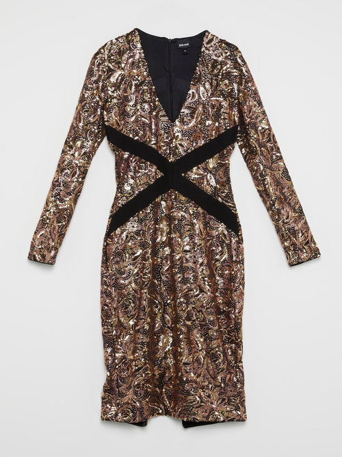 Gold Baroque Sequin Plunge Dress