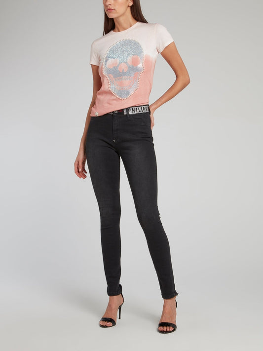 Pink Pearl Embellished Skull T-Shirt