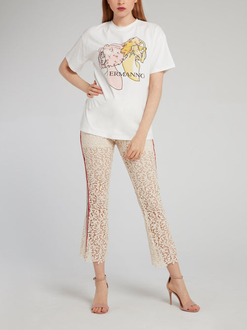 Beige Lace Flared Pants