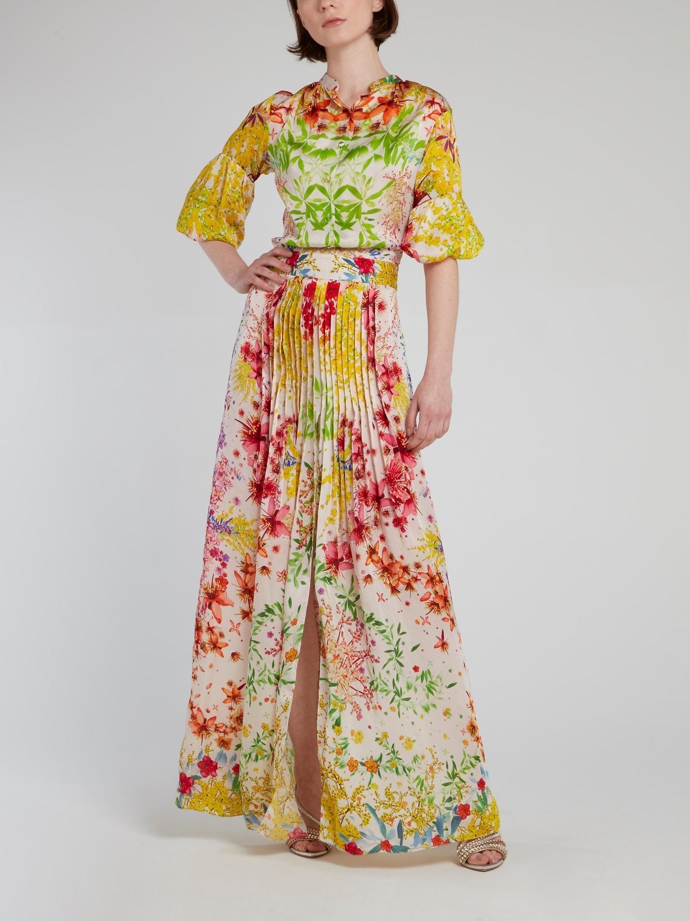 Oriental Print Pleated Slit Dress