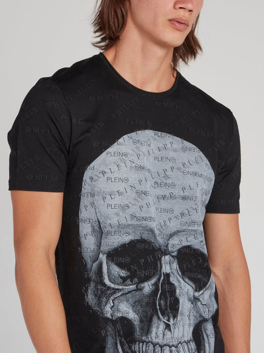 Black Monogram Print Skull T-Shirt