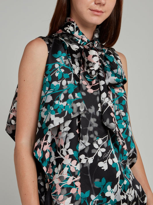 Black Leaf Print Asymmetric Top