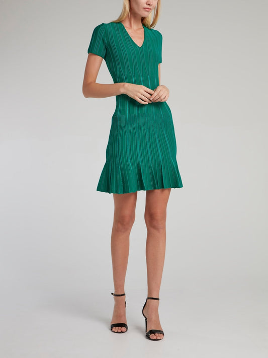 Green V-Neck Godet Dress