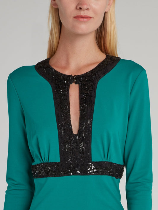 Green Sequin Detail Keyhole Dress