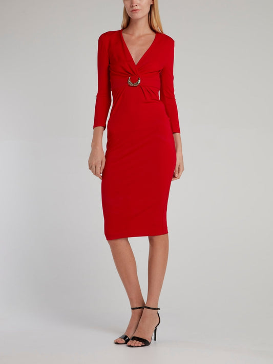 Red Embellished Surplice Midi Dress