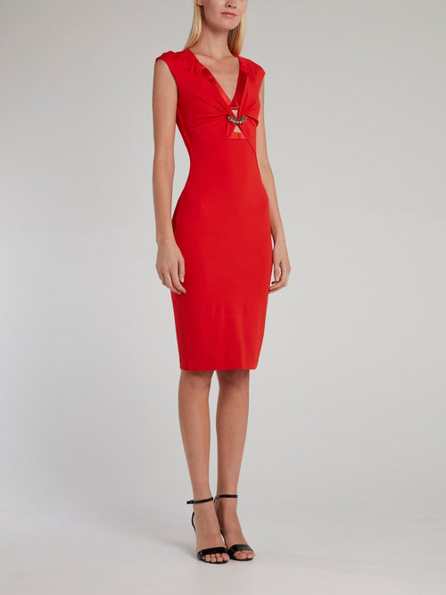 Red V-Neck Embellished Dress