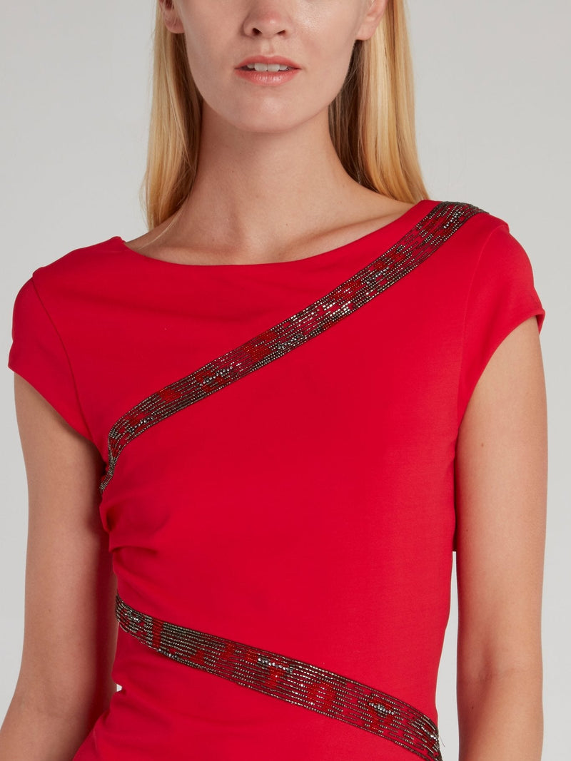 Red Beadwork Detail Sheath Dress