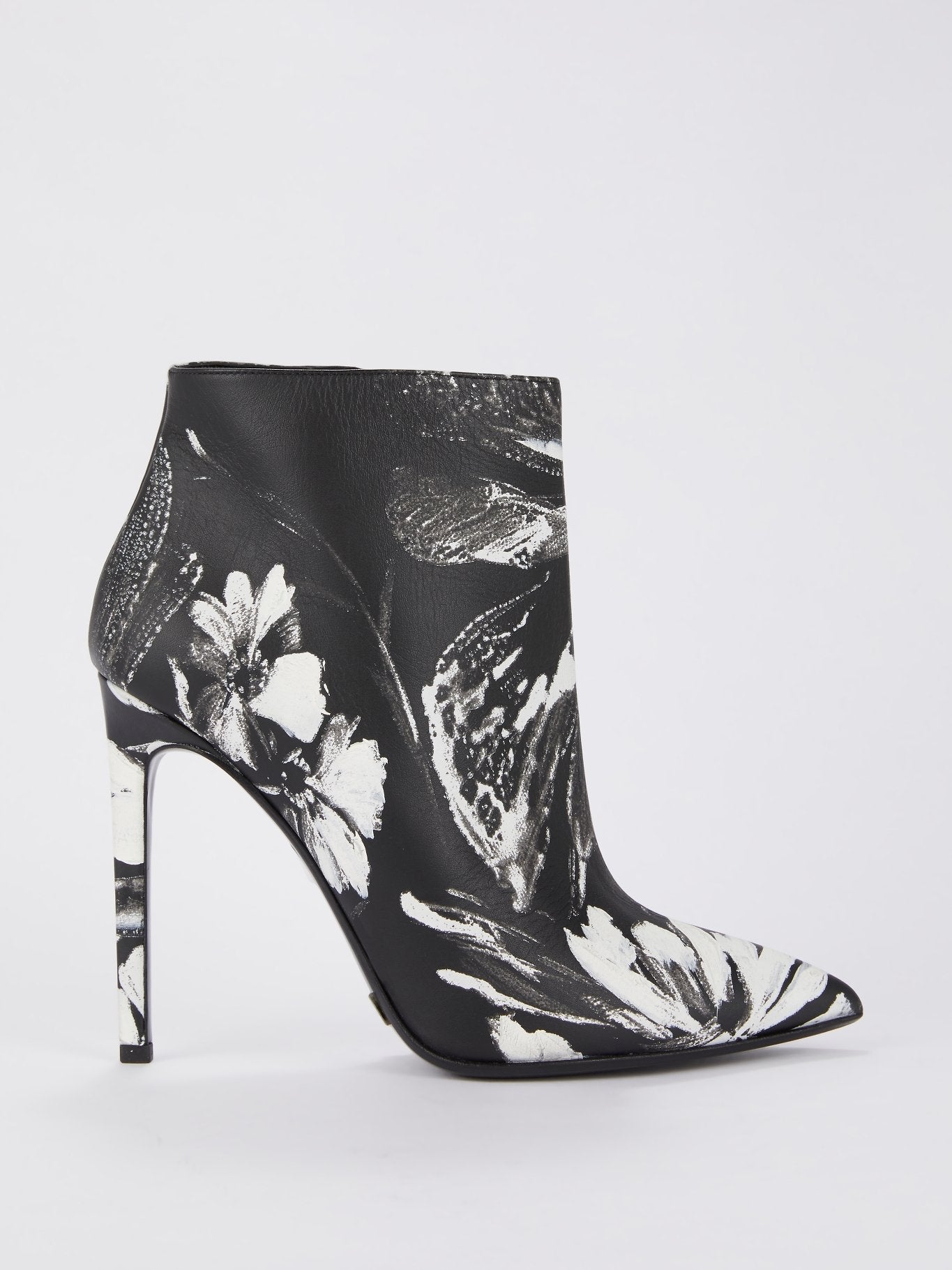Black Floral Paint Leather Ankle Boots
