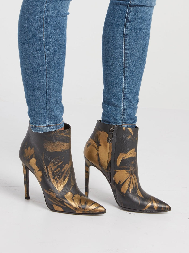 Gold Floral Paint Leather Ankle Boots