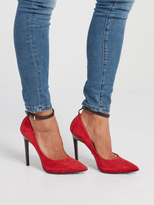 Red Ankle Strap Suede Pumps