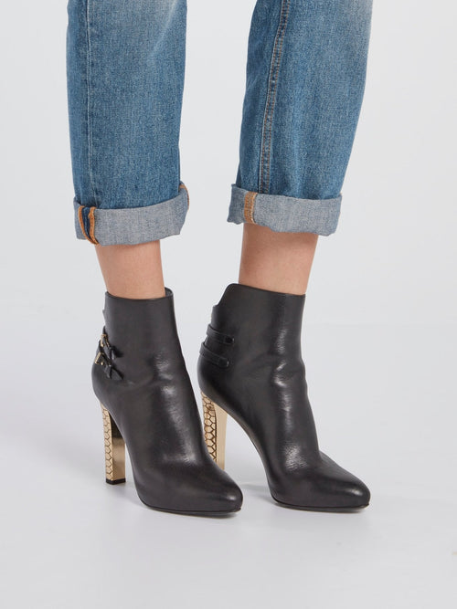 Black with Gold Heel Leather Ankle Boots