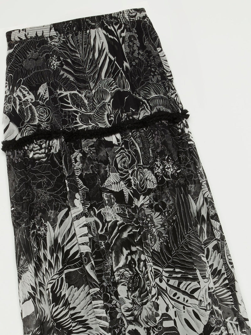 Black Tropical Print Boho Maxi Skirt
