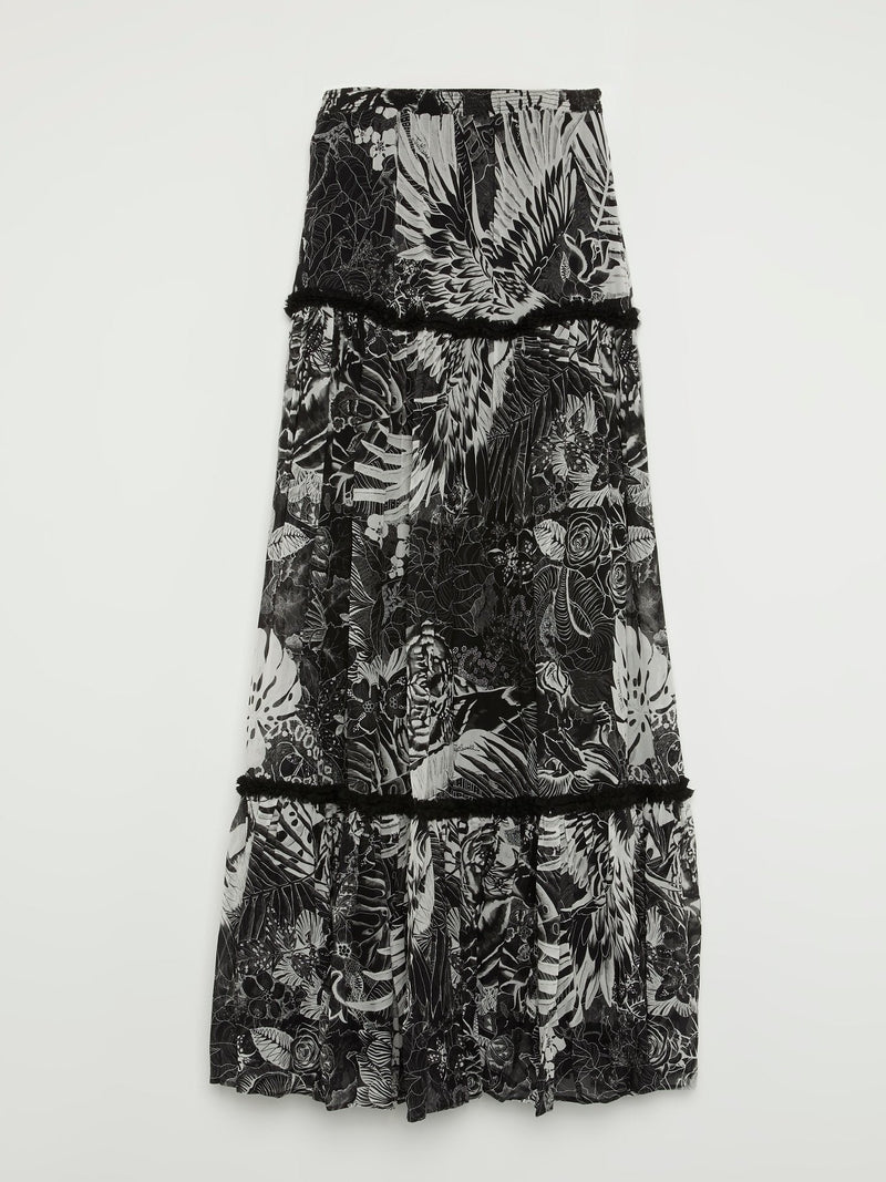Black Tropical Print Boho Maxi Skirt