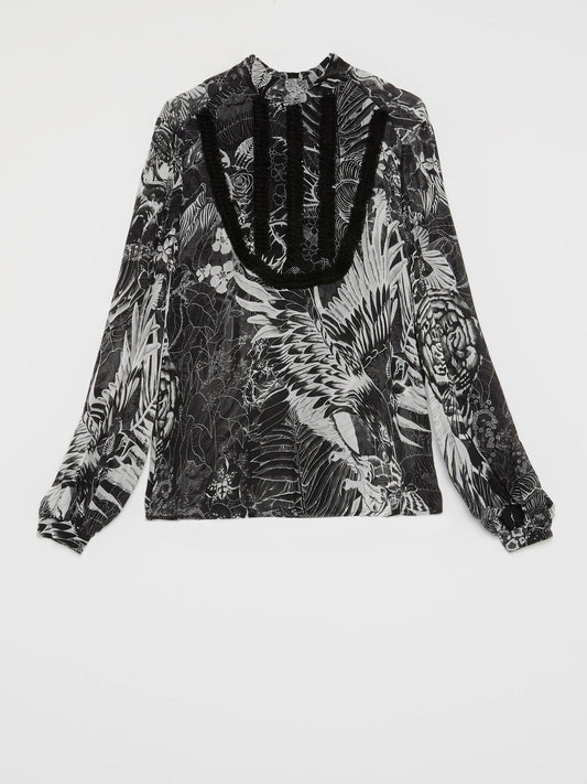 Grey Floral Eagle Print Blouse