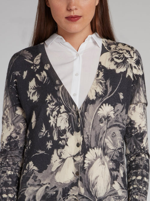 Grayscale Floral Print Cardigan