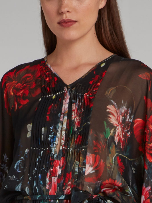 Floral Print Pleated Panel Short Kaftan