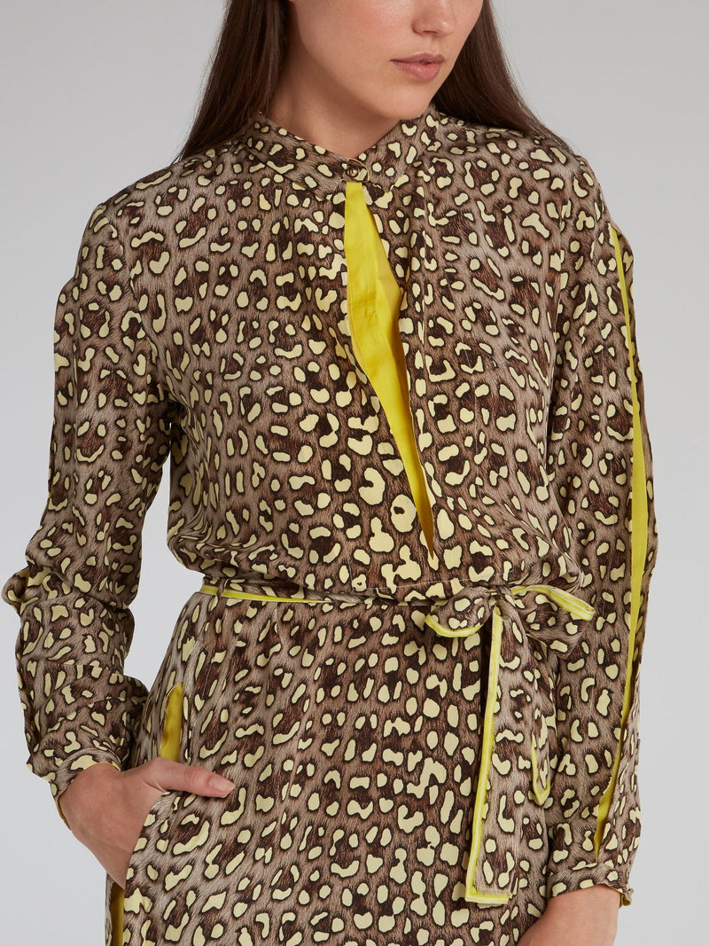 Yellow Leopard Effect Tie Front Dress