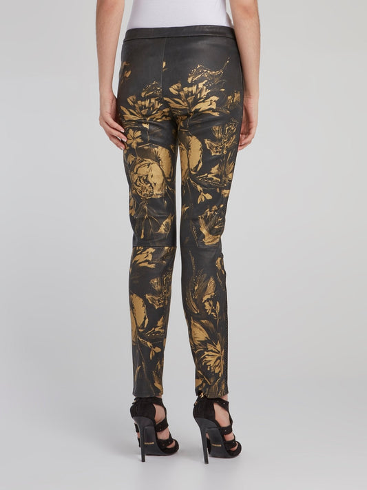 Gold Floral Print Leather Trousers