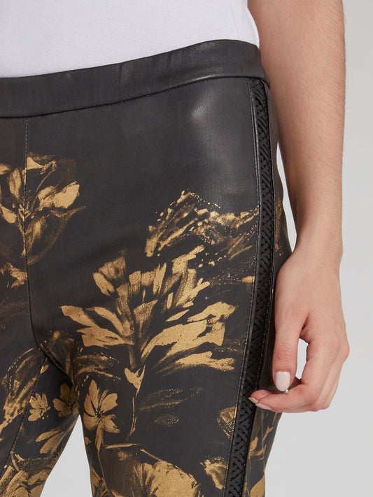 Gold Floral Print Leather Trousers