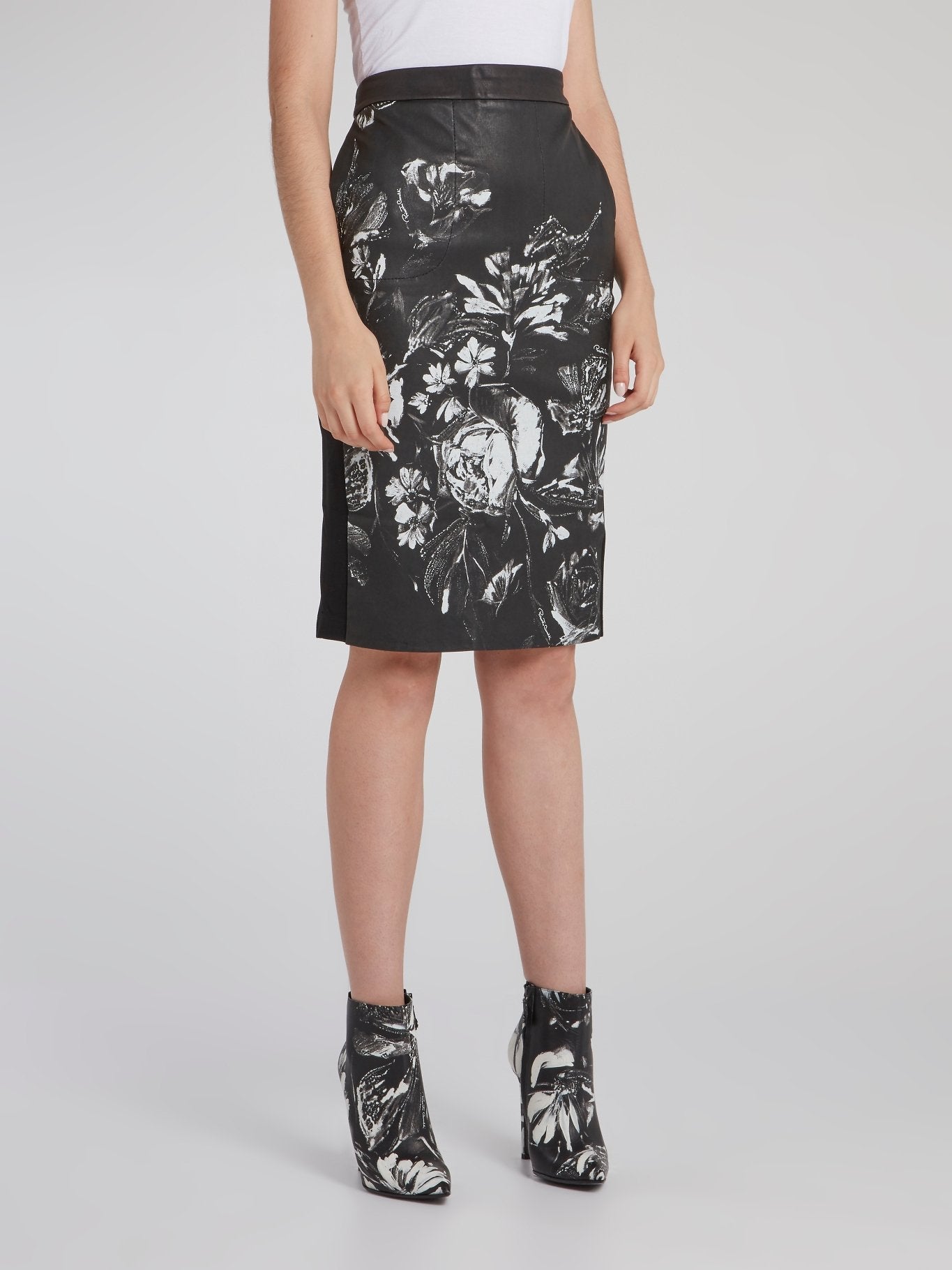 Black Floral Print Pencil Skirt