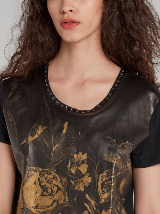 Gold Floral Print Leather Panel T-Shirt