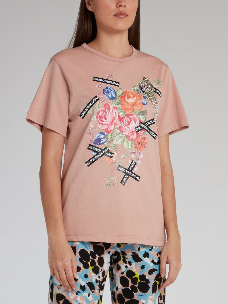 Embellished Floral Print Logo Tape T-Shirt