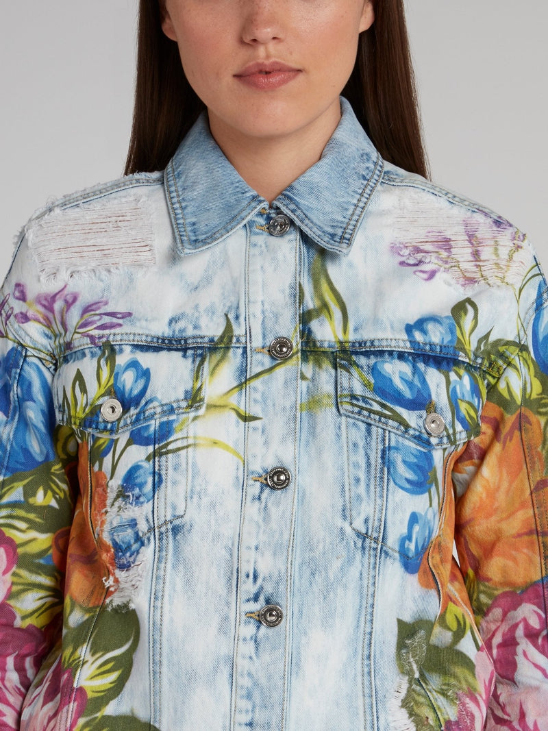 Floral Print Distressed Denim Jacket