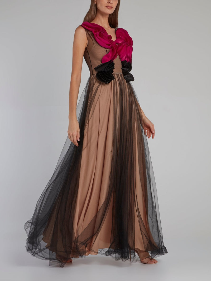 Rose Bib Tulle Overlay Maxi Dress