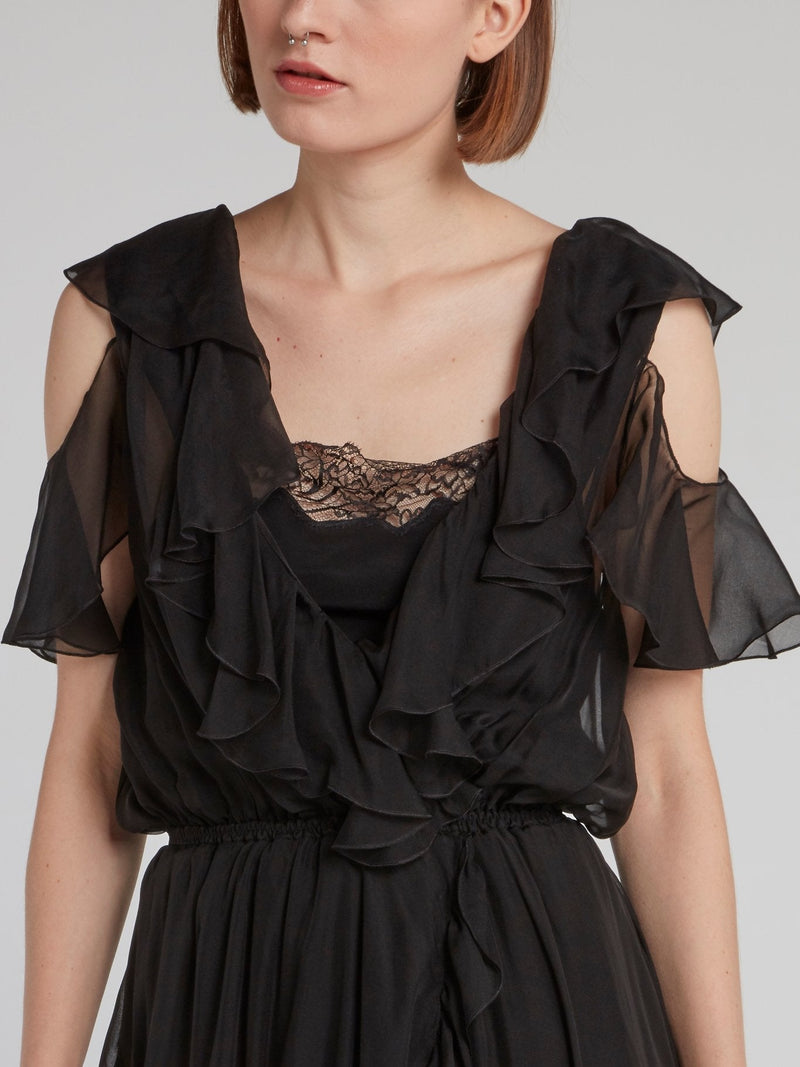 Black Cold Shoulder Asymmetric Frill Dress
