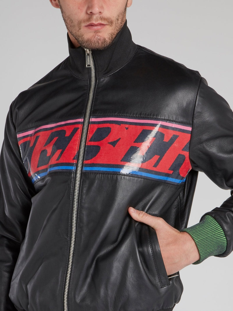 Black Ribbed Edge Logo Leather Jacket